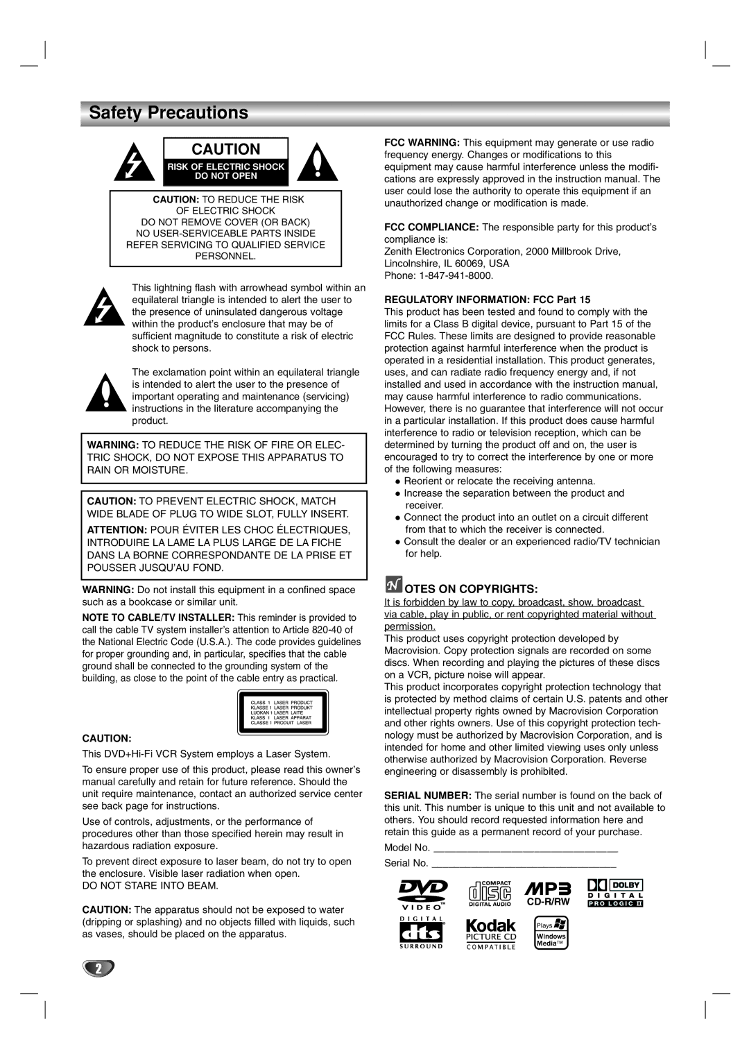 Zenith XBS341 warranty Safety Precautions, Otes on Copyrights, Regulatory Information FCC Part 