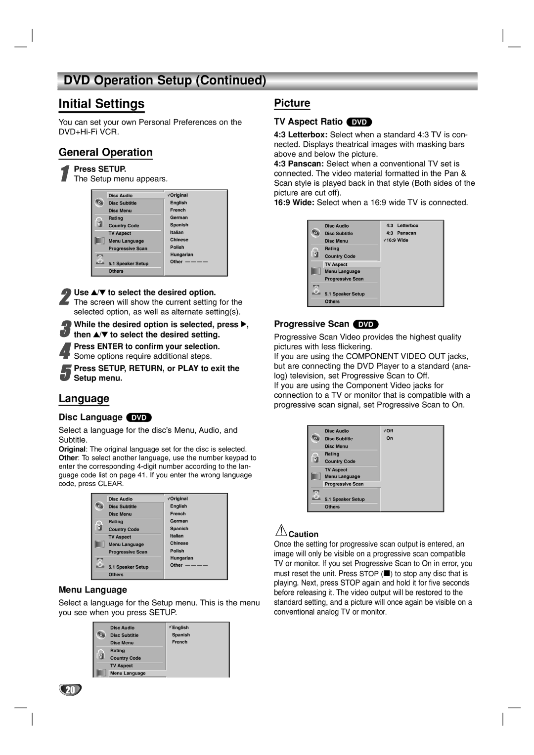 Zenith XBS341 warranty DVD Operation Setup Initial Settings, General Operation, Language, Picture 