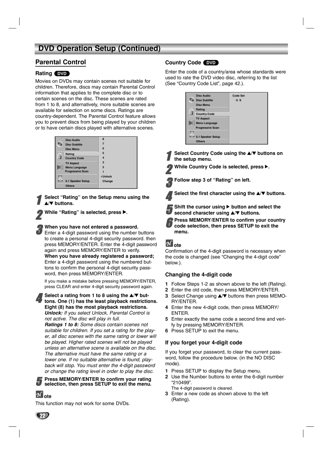 Zenith XBS341 Parental Control, Rating DVD Country Code DVD, Changing the 4-digit code, If you forget your 4-digit code 