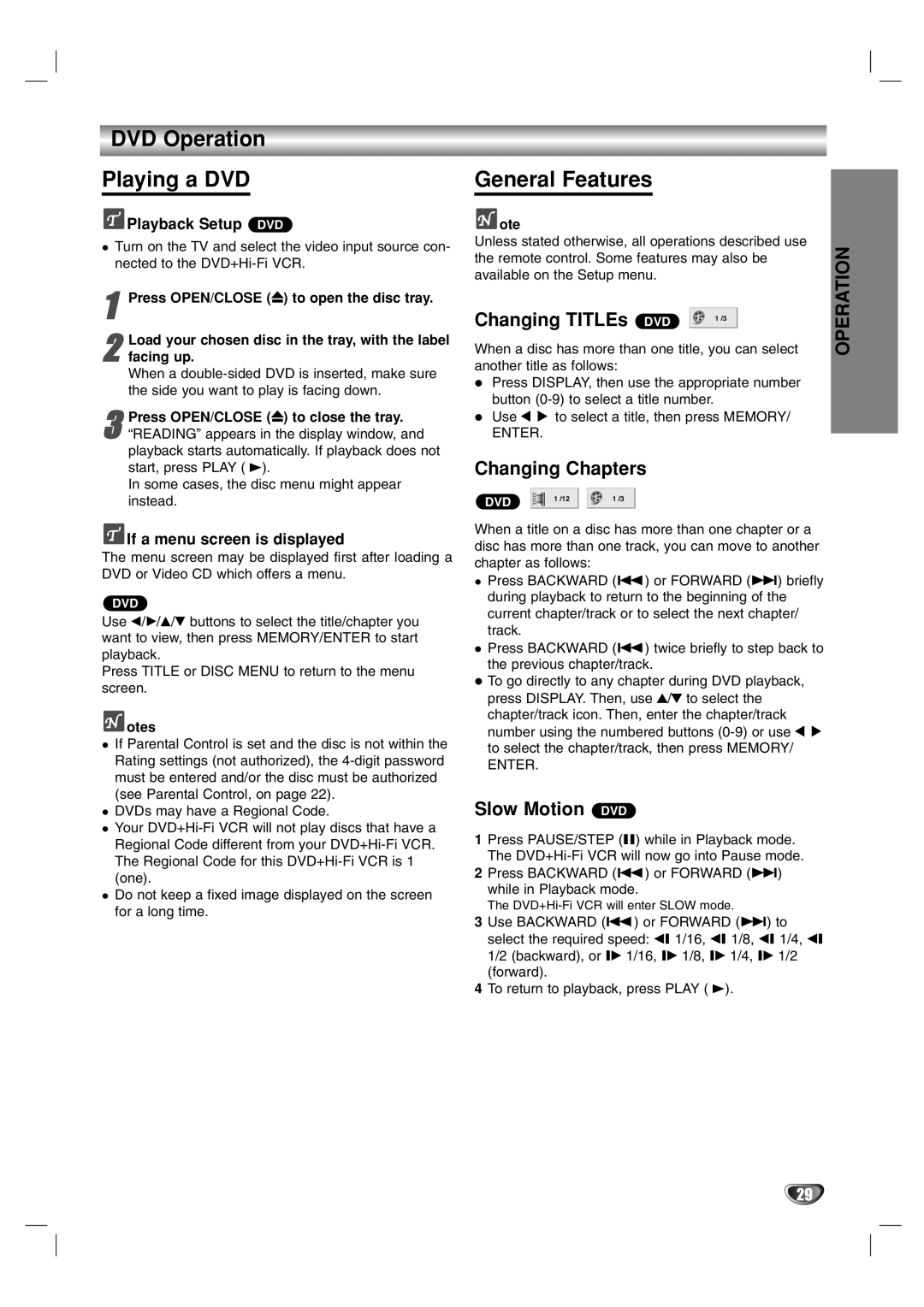 Zenith XBS341 warranty DVD Operation Playing a DVD, General Features, Changing TITLEs, Changing Chapters, Slow Motion DVD 