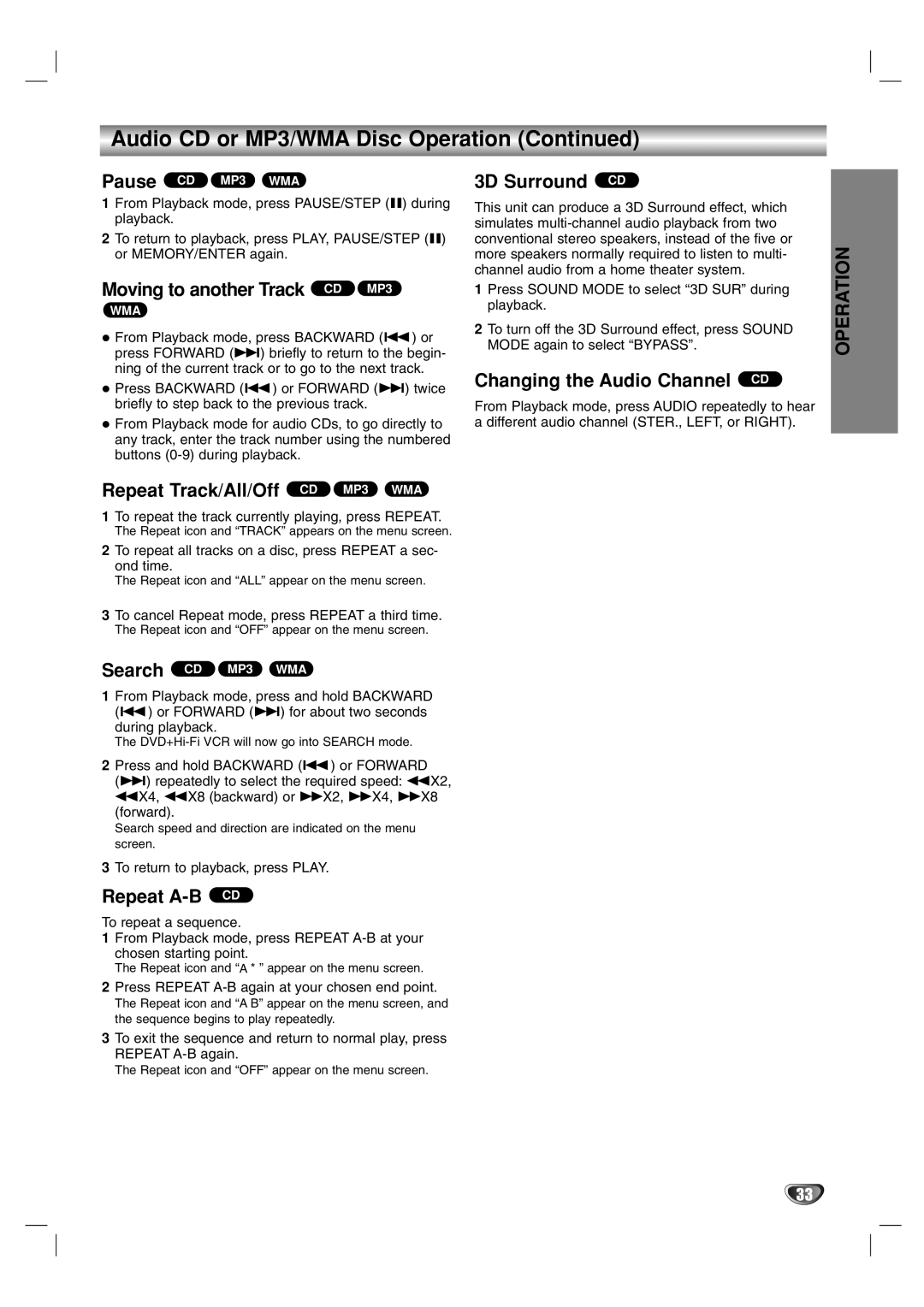 Zenith XBS341 warranty Audio CD or MP3/WMA Disc Operation, Moving to another Track CD MP3, Repeat Track/All/Off CD MP3 WMA 