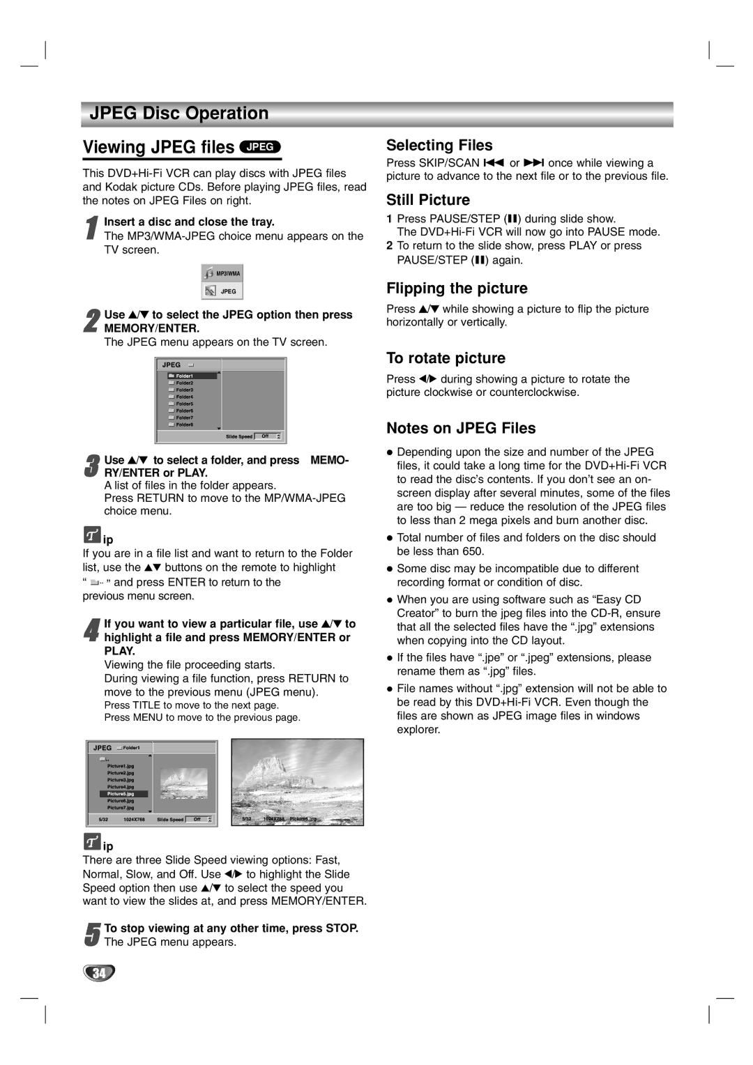 Zenith XBS341 warranty Jpeg Disc Operation Viewing Jpeg files Jpeg, Selecting Files, Still Picture, Flipping the picture 