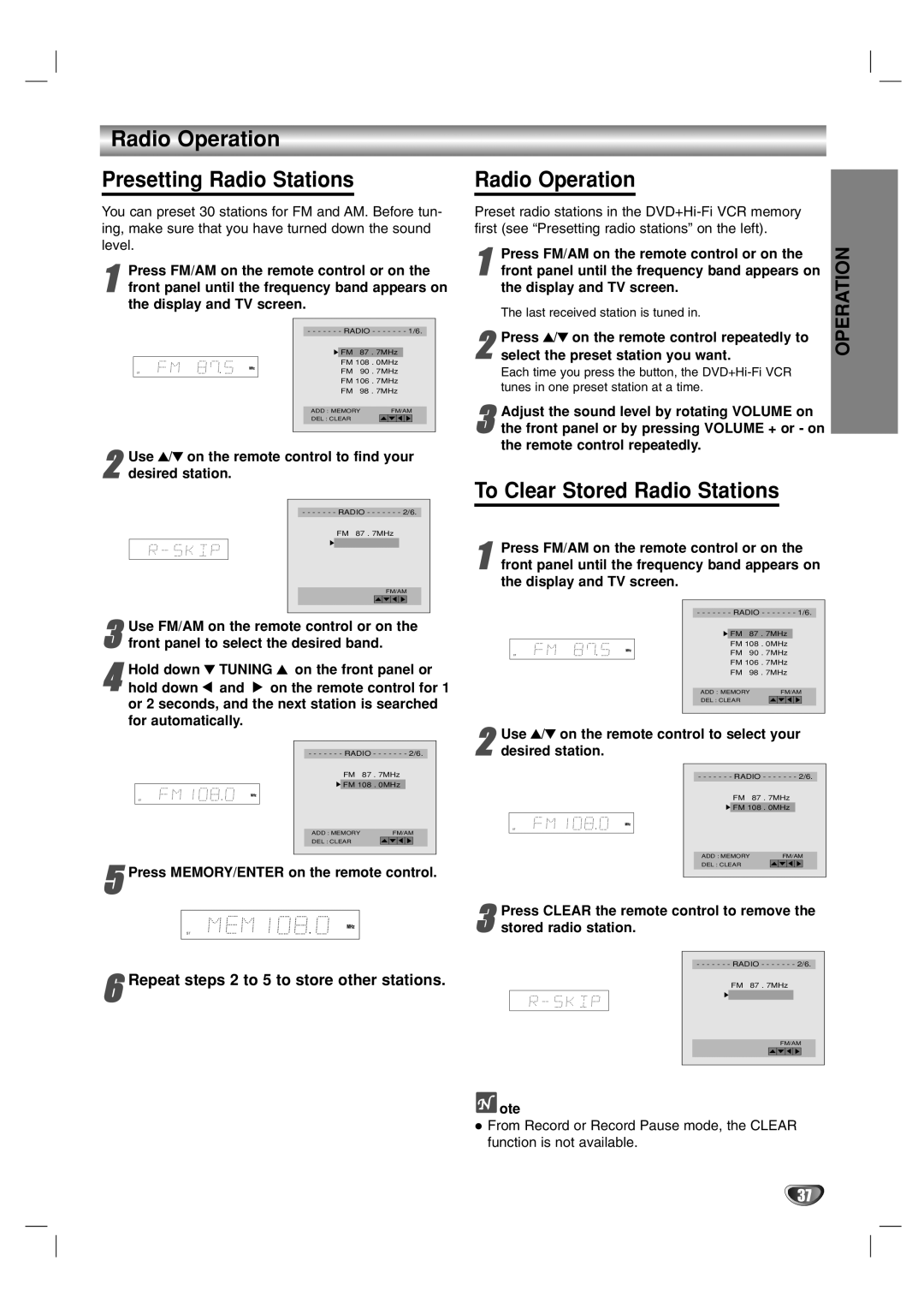 Zenith XBS341 warranty Radio Operation Presetting Radio Stations, To Clear Stored Radio Stations 