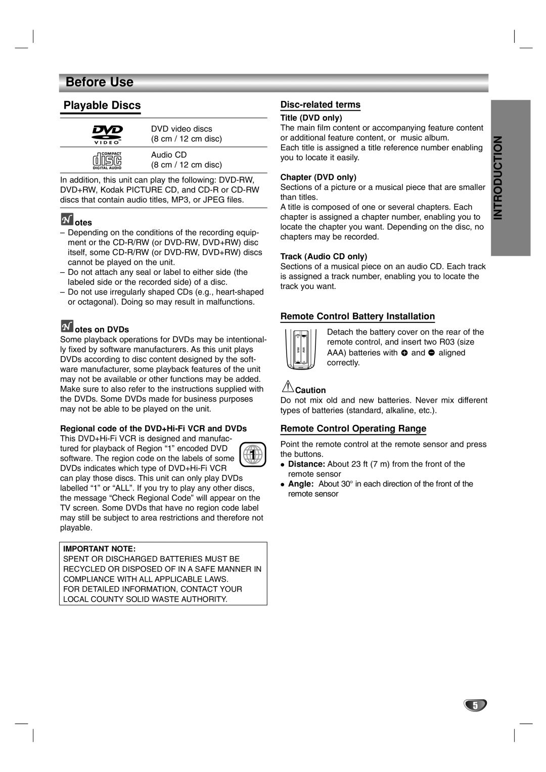 Zenith XBS341 warranty Before Use, Playable Discs, Disc-related terms, Remote Control Battery Installation 