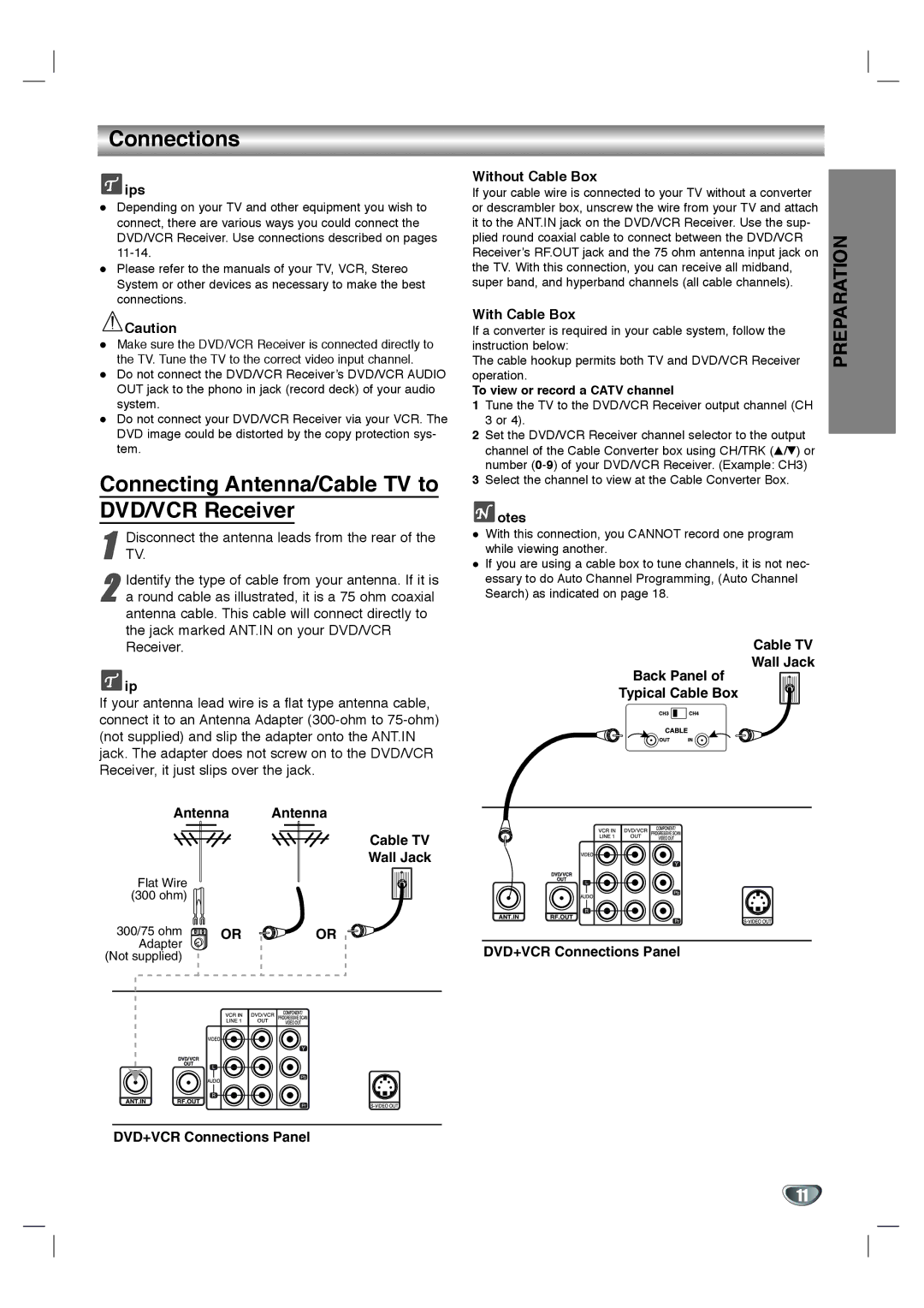 Zenith XBS344 warranty Connections, Connecting Antenna/Cable TV to DVD/VCR Receiver 