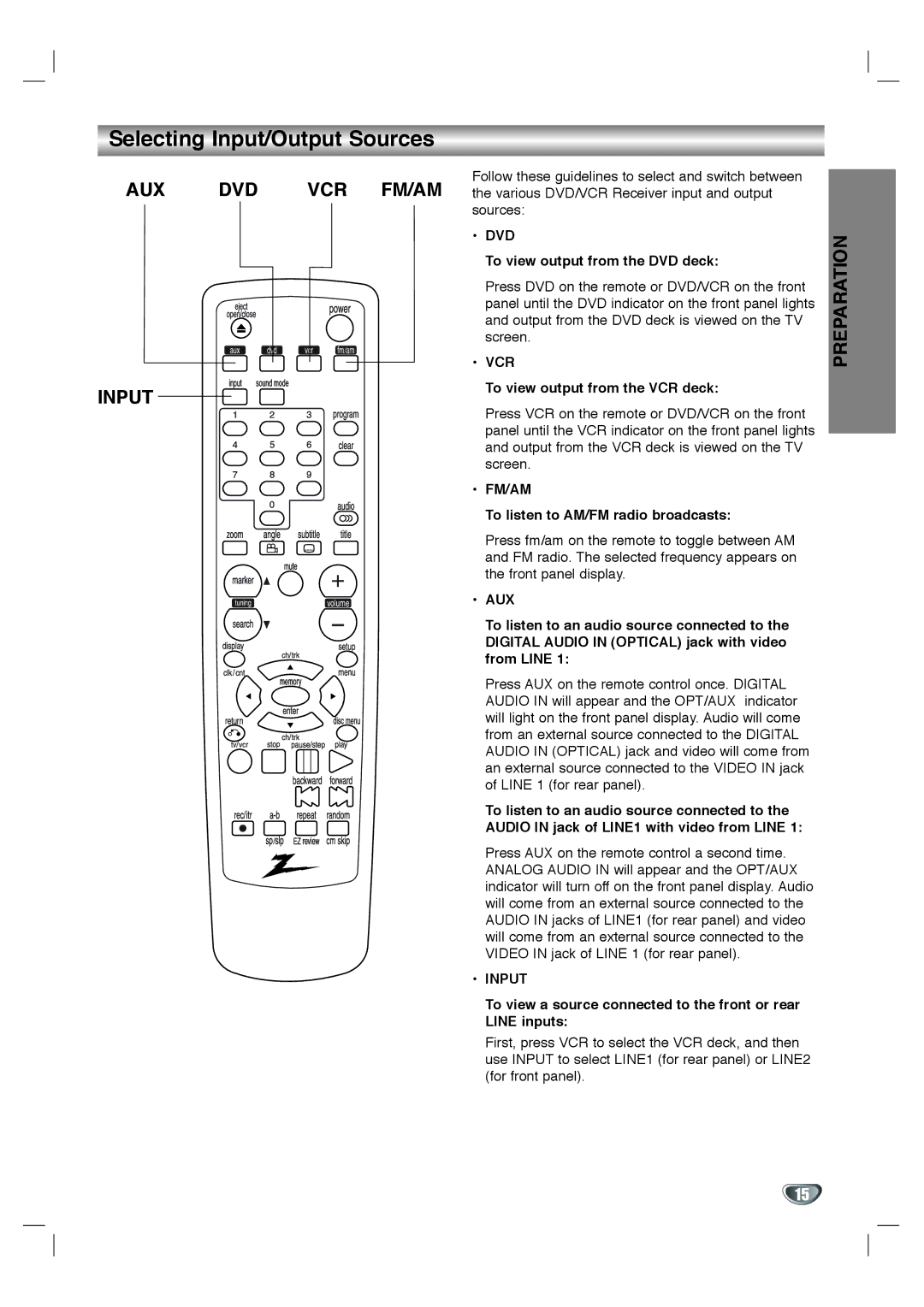 Zenith XBS344 warranty Selecting Input/Output Sources, Dvd, Vcr, Fm/Am, Aux 