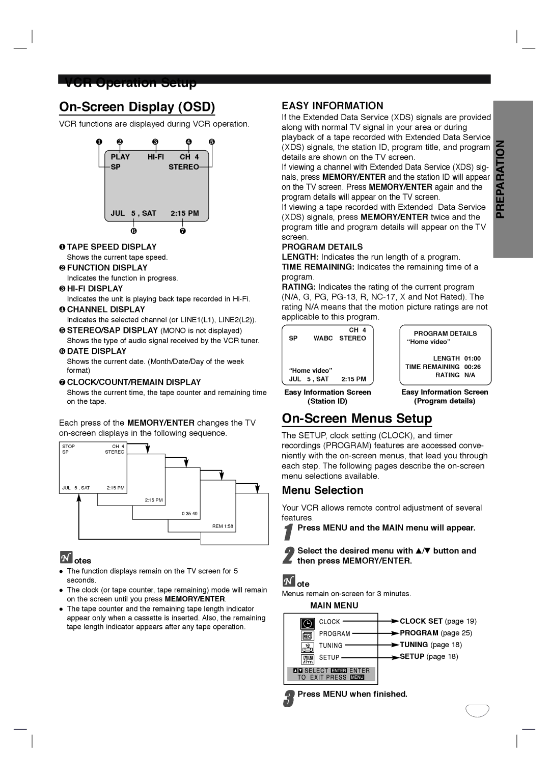 Zenith XBS344 warranty VCR Operation Setup On-Screen Display OSD, On-Screen Menus Setup, Menu Selection 