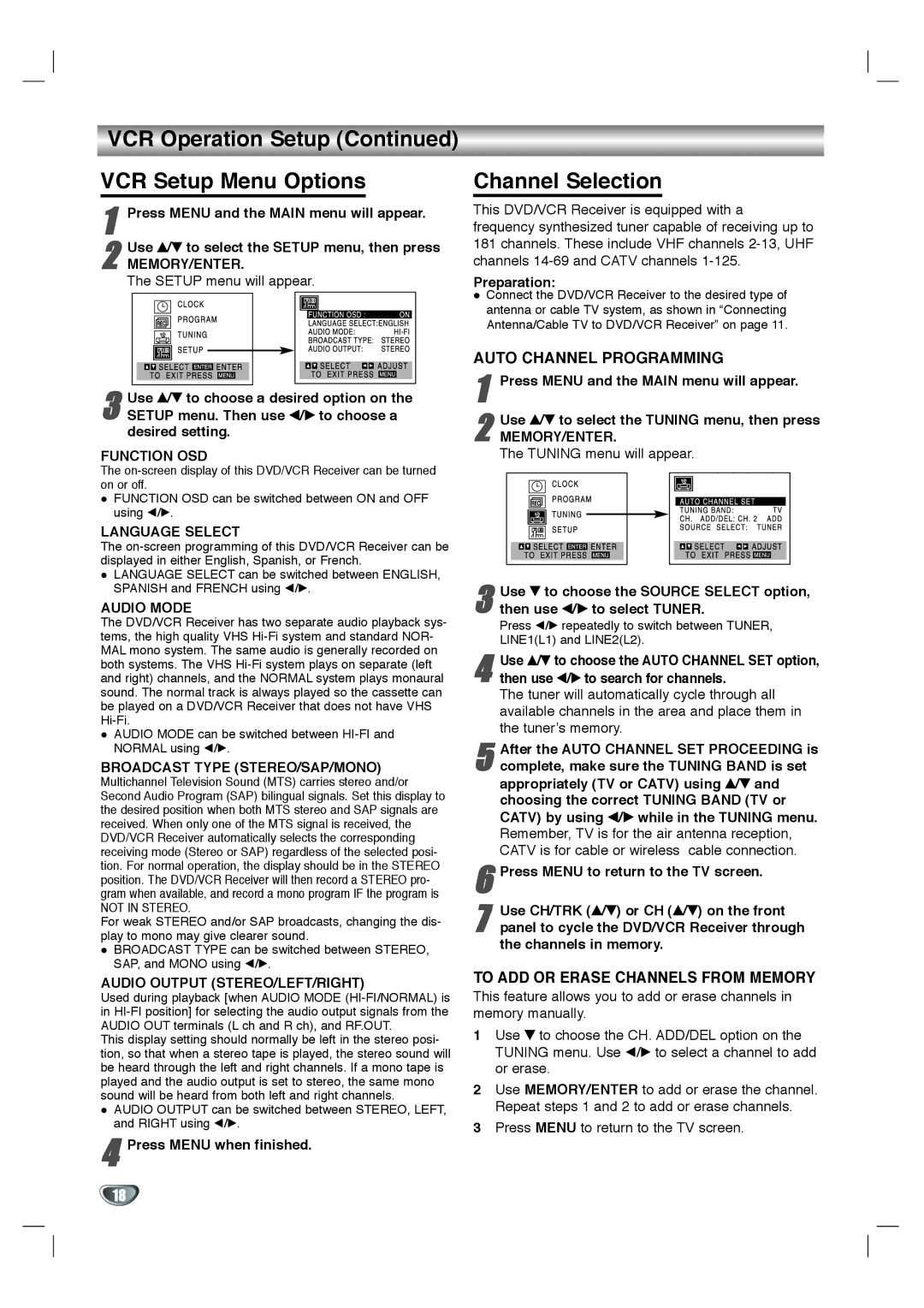 Zenith XBS344 warranty VCR Operation Setup VCR Setup Menu Options, Channel Selection 