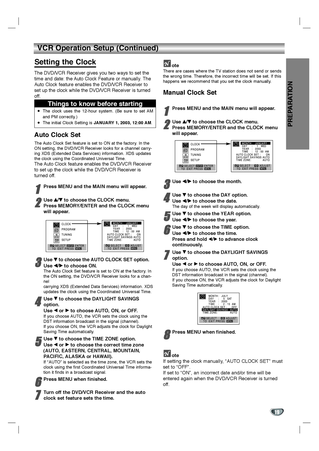 Zenith XBS344 warranty VCR Operation Setup Setting the Clock, Auto Clock Set, Manual Clock Set 