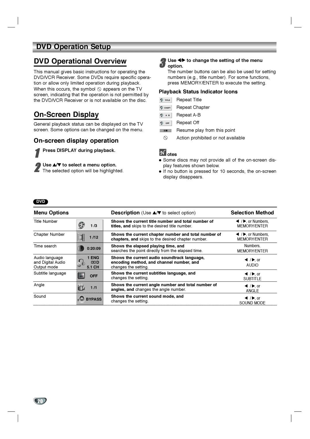 Zenith XBS344 DVD Operation Setup DVD Operational Overview, On-Screen Display, On-screen display operation, Menu Options 