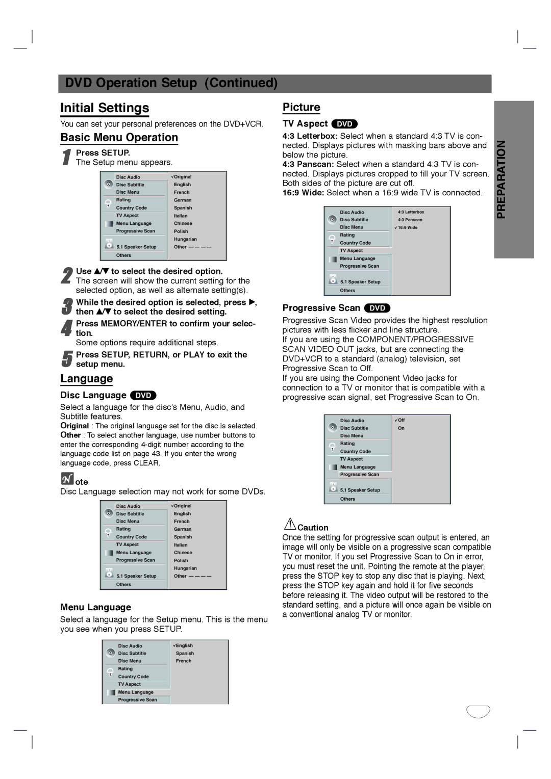 Zenith XBS344 warranty DVD Operation Setup Initial Settings, Picture, Basic Menu Operation, Language 