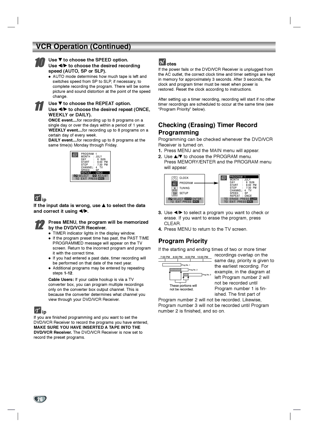 Zenith XBS344 warranty VCR Operation, Checking Erasing Timer Record Programming, Program Priority 