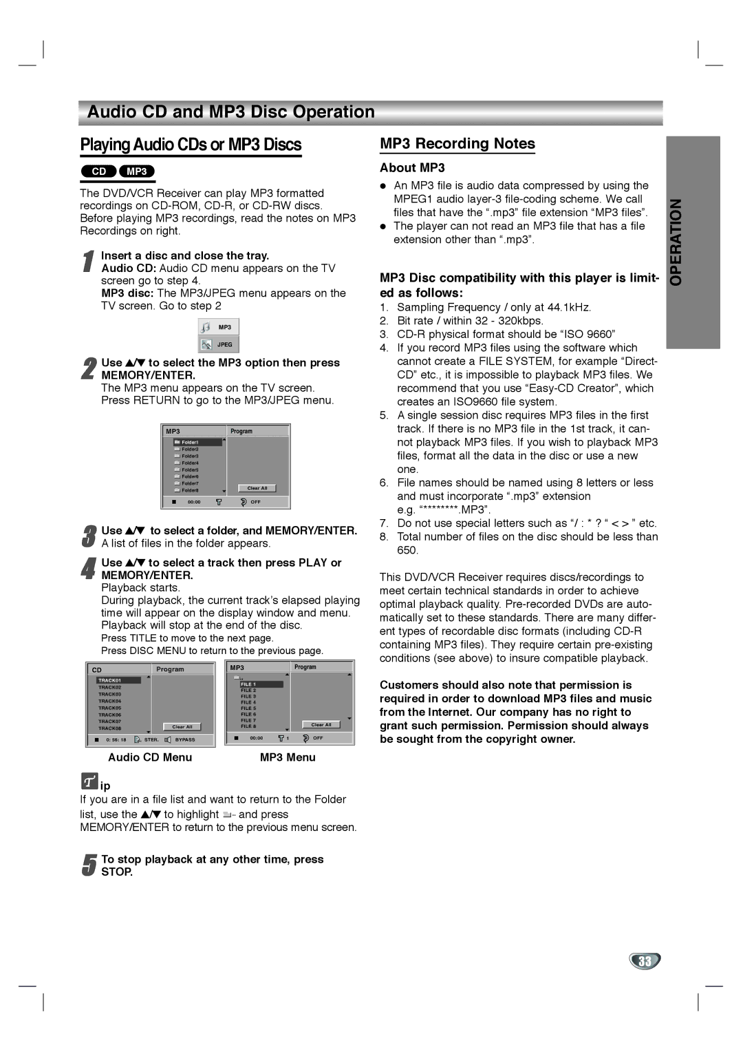 Zenith XBS344 warranty Audio CD and MP3 Disc Operation 