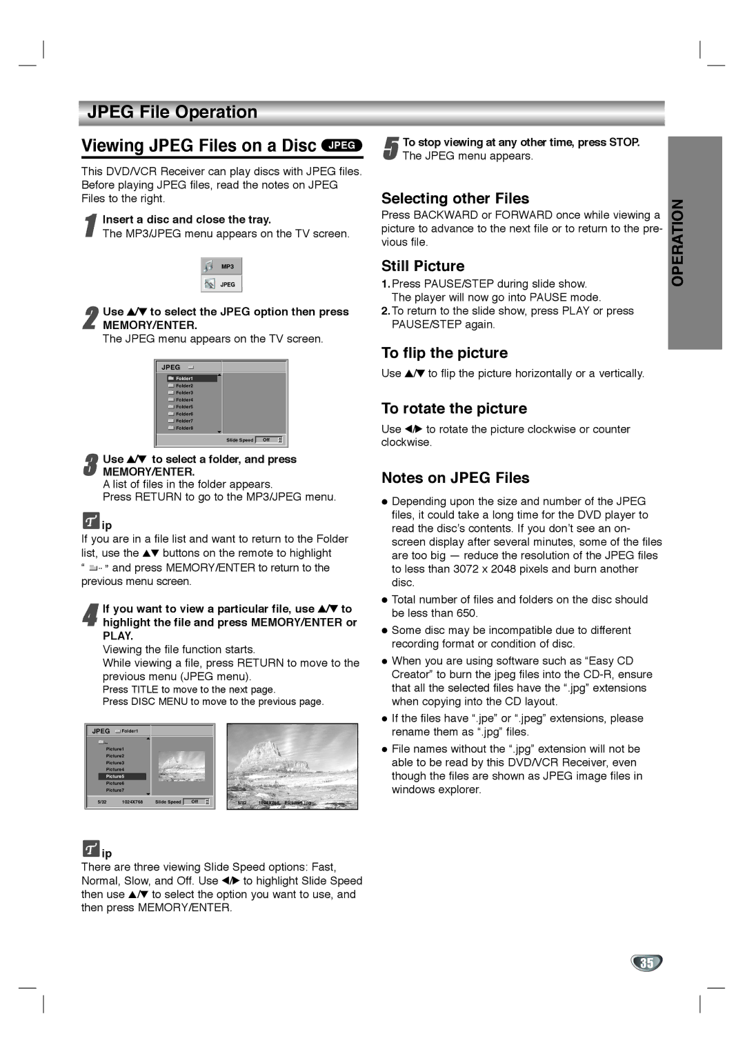 Zenith XBS344 warranty Jpeg File Operation Viewing Jpeg Files on a Disc Jpeg, Selecting other Files, Still Picture 