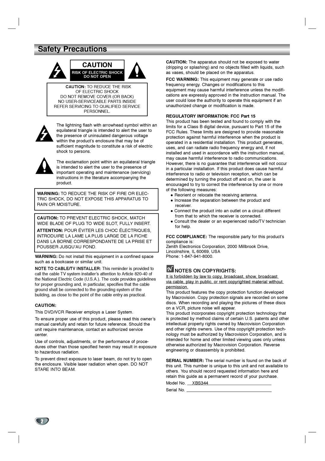 Zenith XBS344 warranty Safety Precautions, Notes On Copyrights, REGULATORY INFORMATION FCC Part 