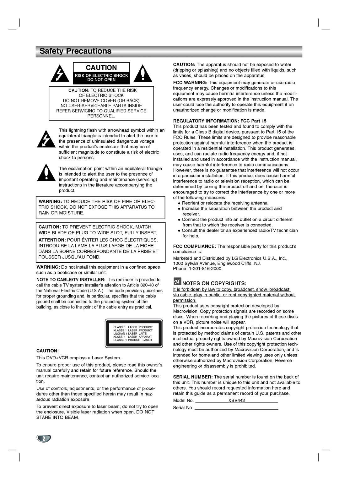 Zenith XBV 442 warranty Safety Precautions, Regulatory Information FCC Part 