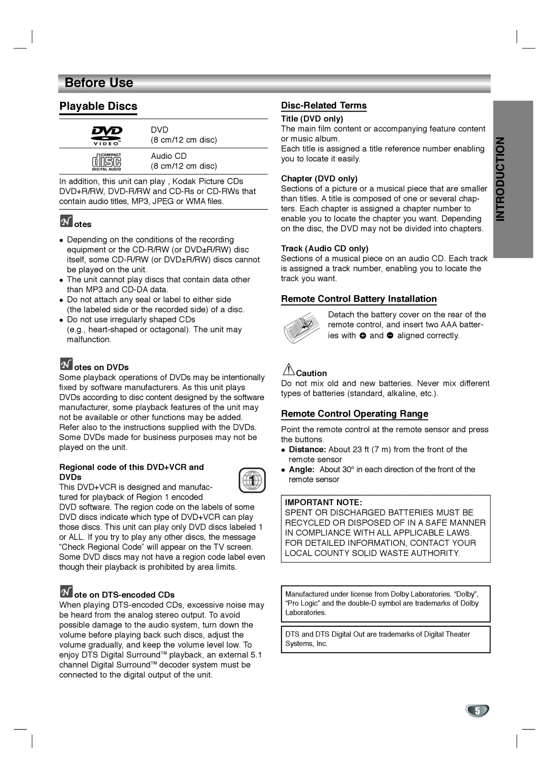 Zenith XBV 442 warranty Before Use, Playable Discs, Disc-Related Terms, Remote Control Battery Installation 