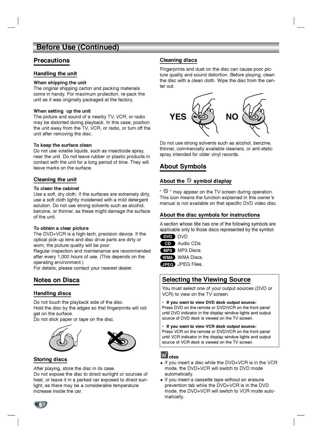 Zenith XBV 442 warranty Precautions, About Symbols, Selecting the Viewing Source 