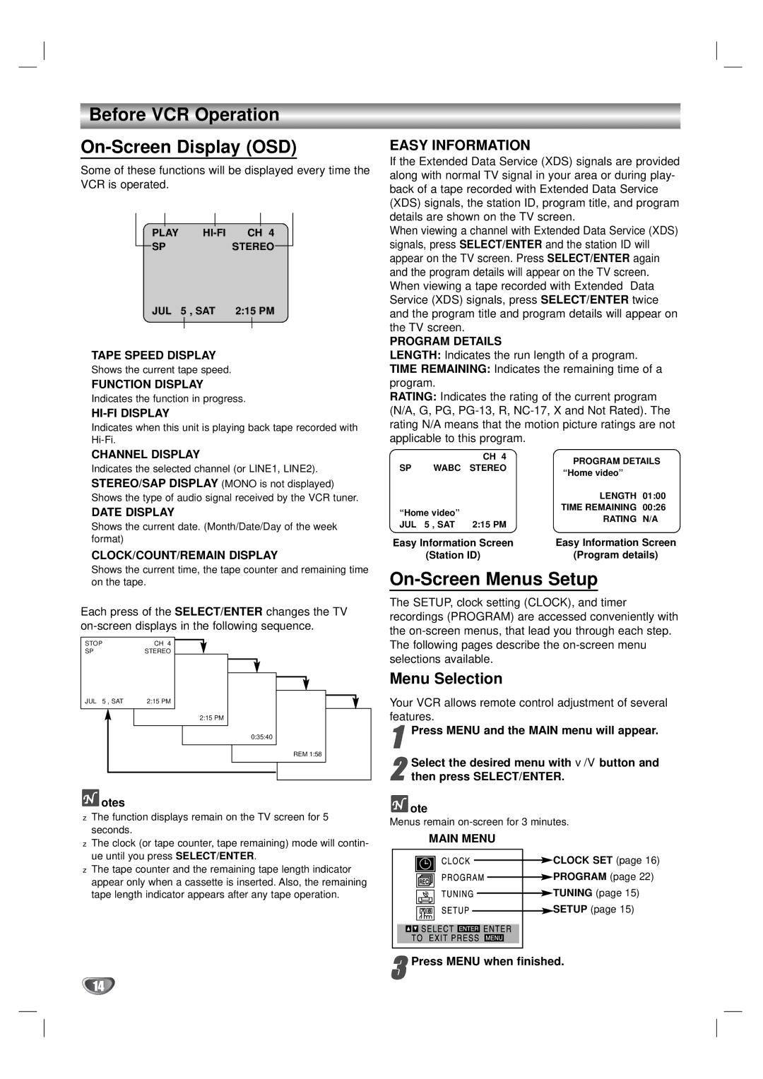 Zenith XBV323 warranty Before VCR Operation On-Screen Display OSD, On-Screen Menus Setup, Menu Selection 