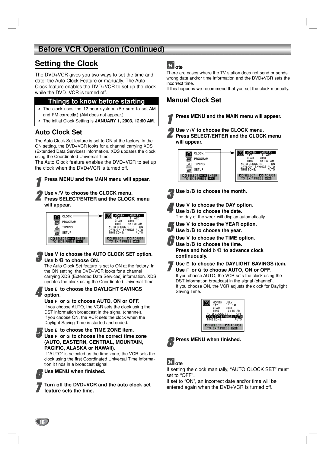 Zenith XBV323 warranty Before VCR Operation Setting the Clock, Auto Clock Set, Manual Clock Set 