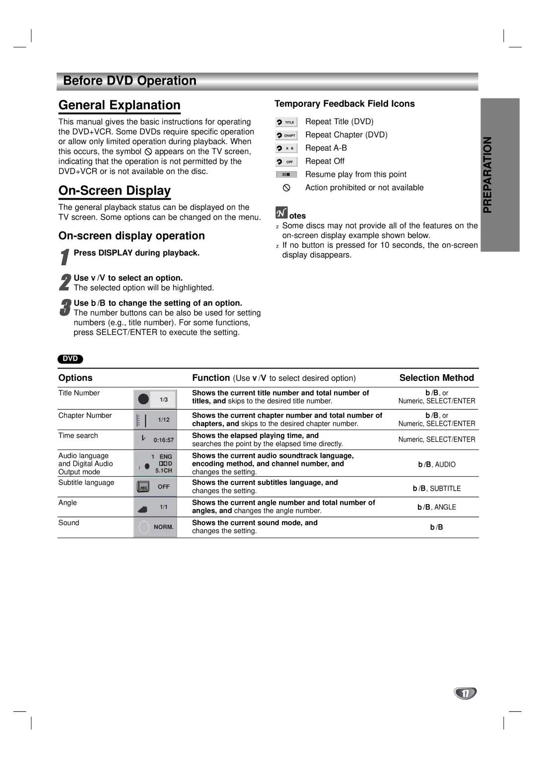 Zenith XBV323 warranty Before DVD Operation General Explanation, On-Screen Display, On-screen display operation 