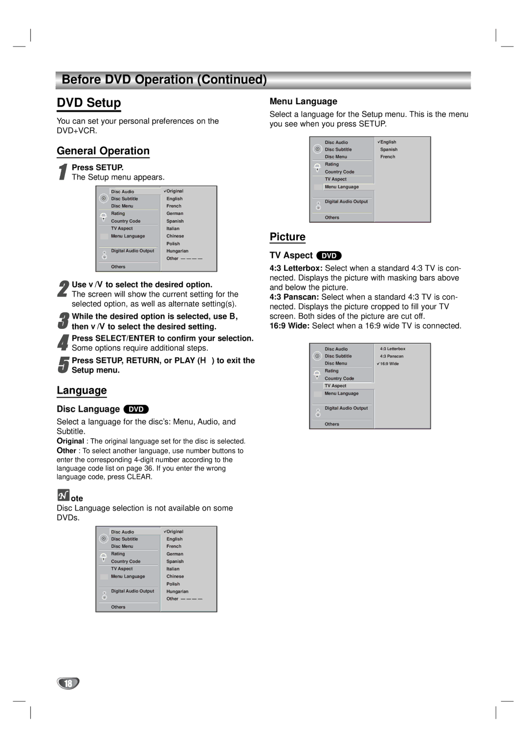 Zenith XBV323 warranty Before DVD Operation DVD Setup, General Operation, Language, Picture 