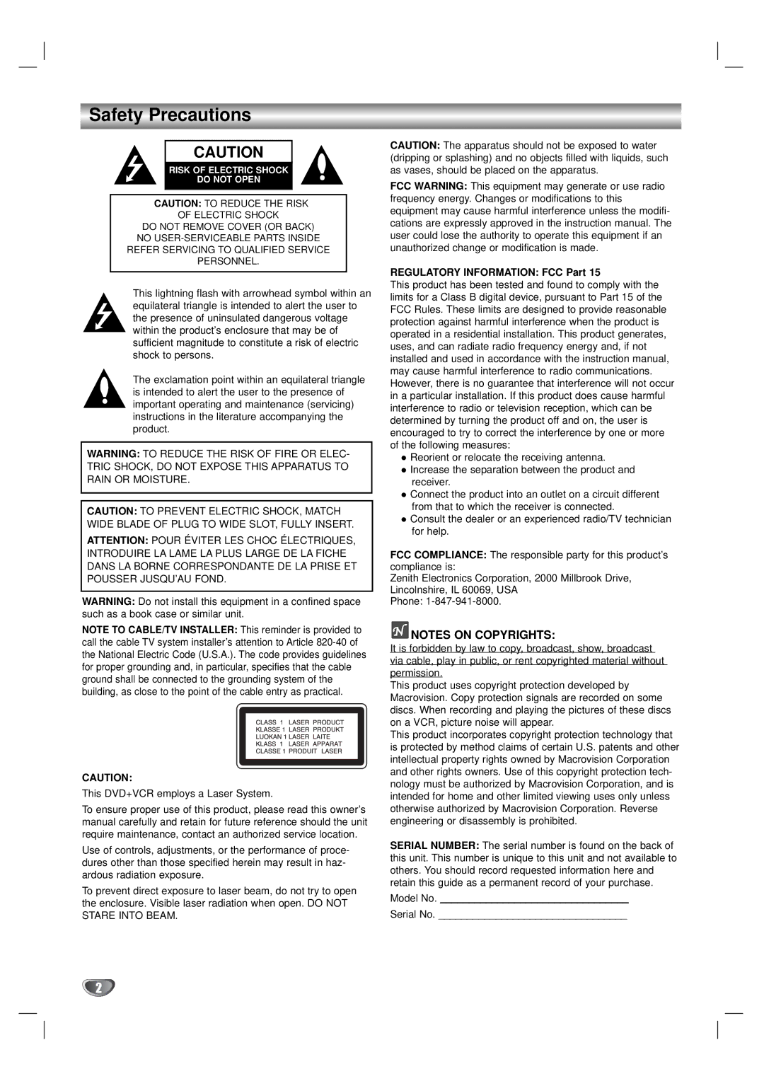 Zenith XBV323 warranty Safety Precautions, Regulatory Information FCC Part 