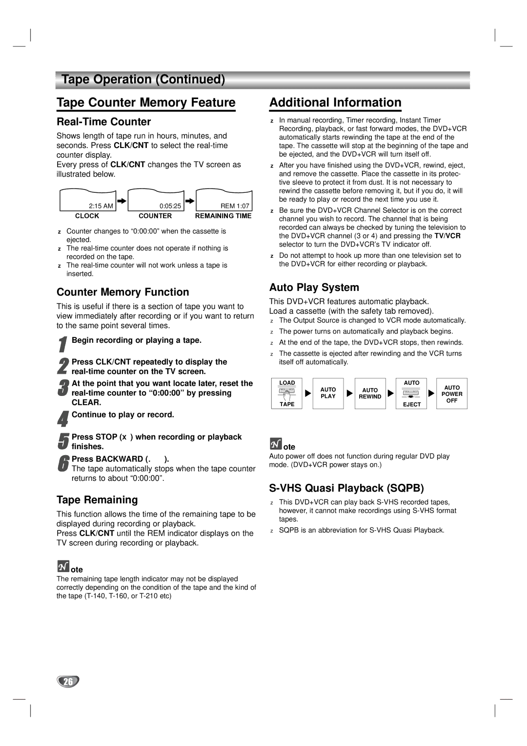 Zenith XBV323 warranty Tape Operation Tape Counter Memory Feature, Additional Information 