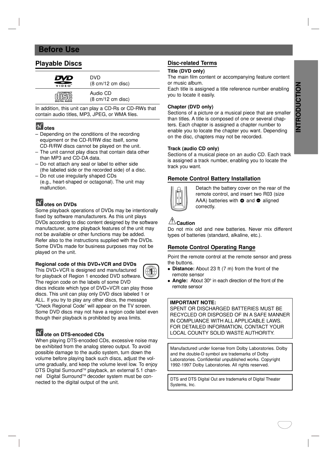 Zenith XBV323 warranty Before Use, Playable Discs, Disc-related Terms, Remote Control Battery Installation 