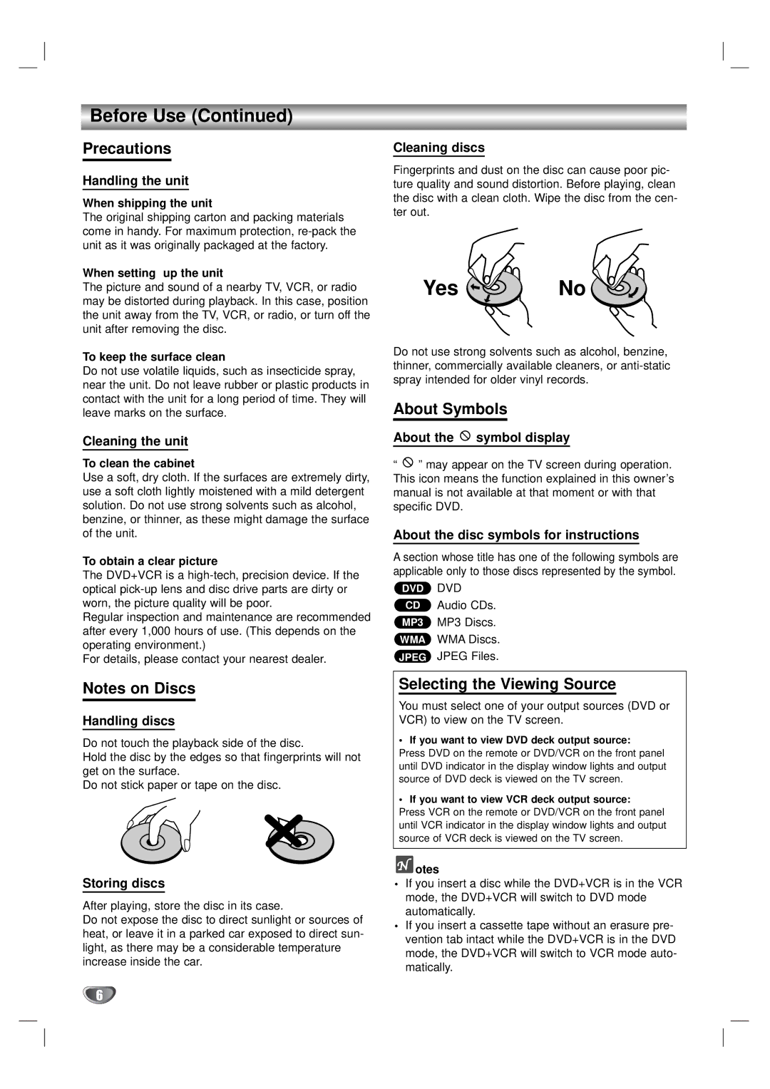 Zenith XBV323 warranty Precautions, About Symbols, Selecting the Viewing Source 