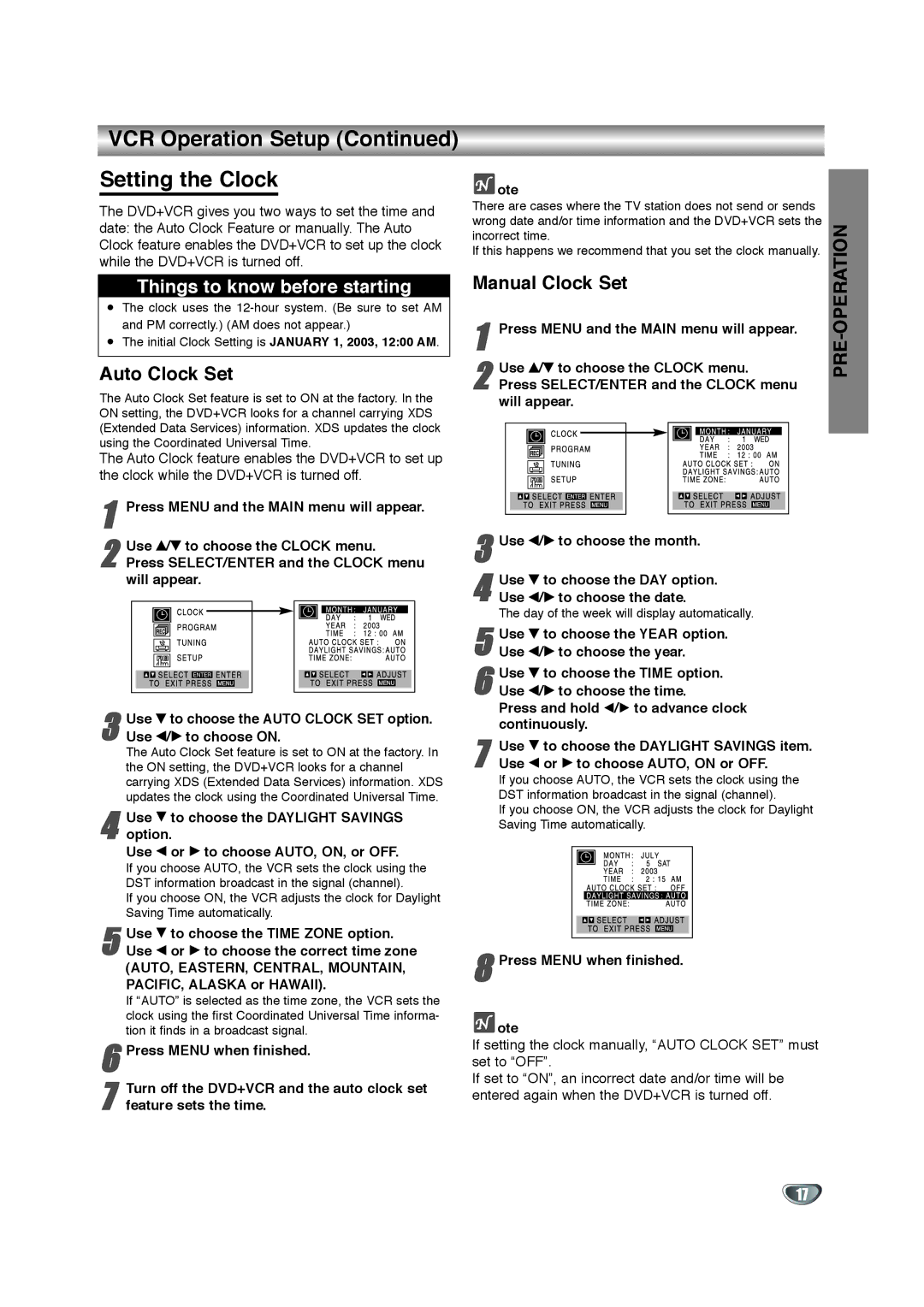 Zenith XBV342 warranty VCR Operation Setup Setting the Clock, Auto Clock Set, Manual Clock Set 