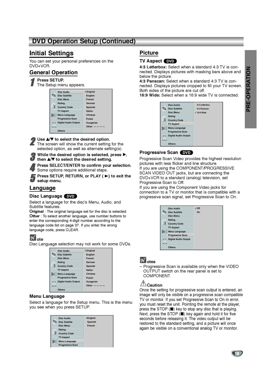 Zenith XBV342 warranty DVD Operation Setup Initial Settings, General Operation, Language, Picture 