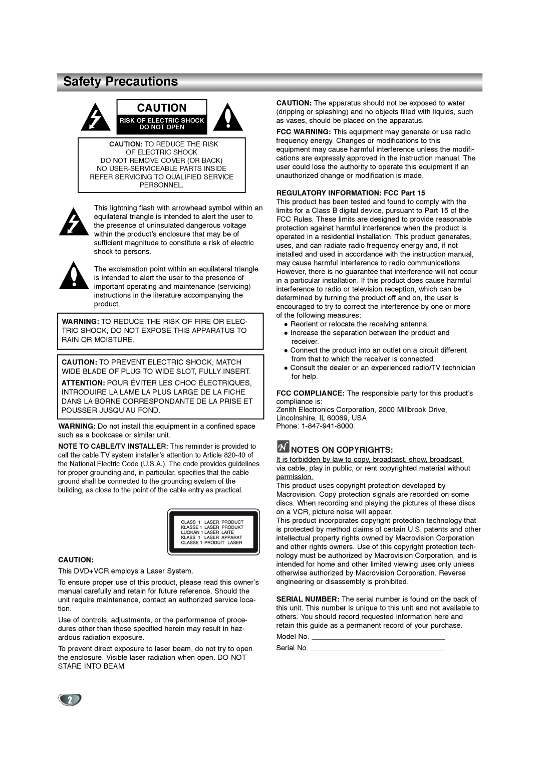 Zenith XBV342 warranty Safety Precautions, Regulatory Information FCC Part 