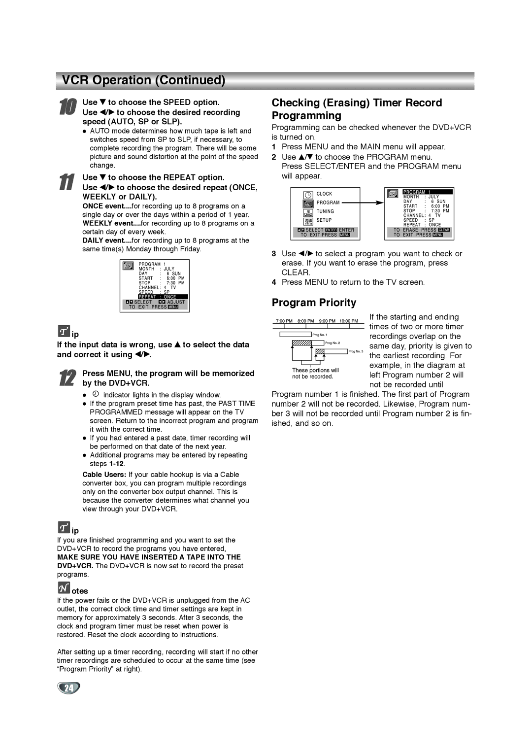 Zenith XBV342 warranty VCR Operation, Checking Erasing Timer Record Programming, Program Priority 