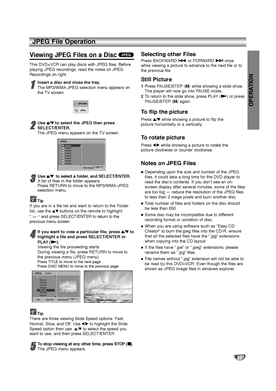 Zenith XBV342 warranty Jpeg File Operation Viewing Jpeg Files on a Disc Jpeg, Selecting other Files, Still Picture 