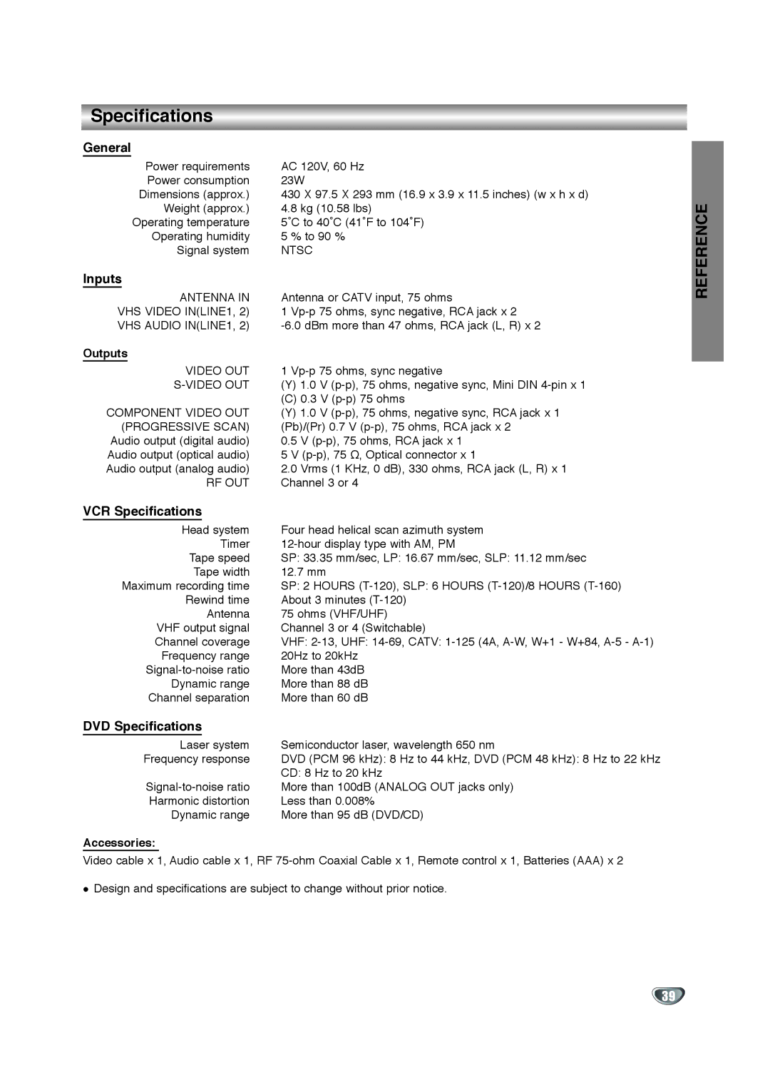 Zenith XBV342 warranty General, Inputs, VCR Specifications, DVD Specifications 