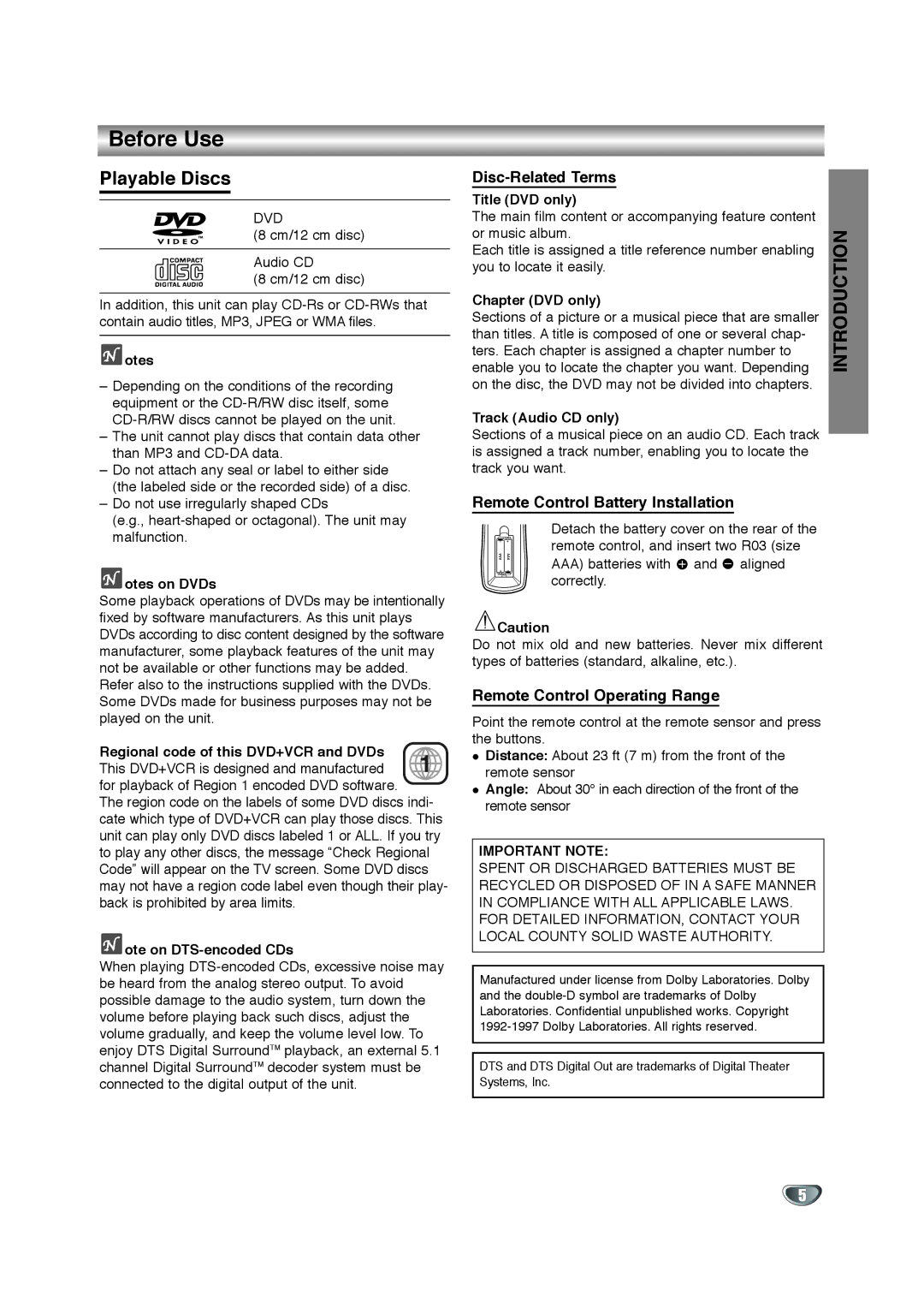 Zenith XBV342 warranty Before Use, Playable Discs, Disc-Related Terms, Remote Control Battery Installation 