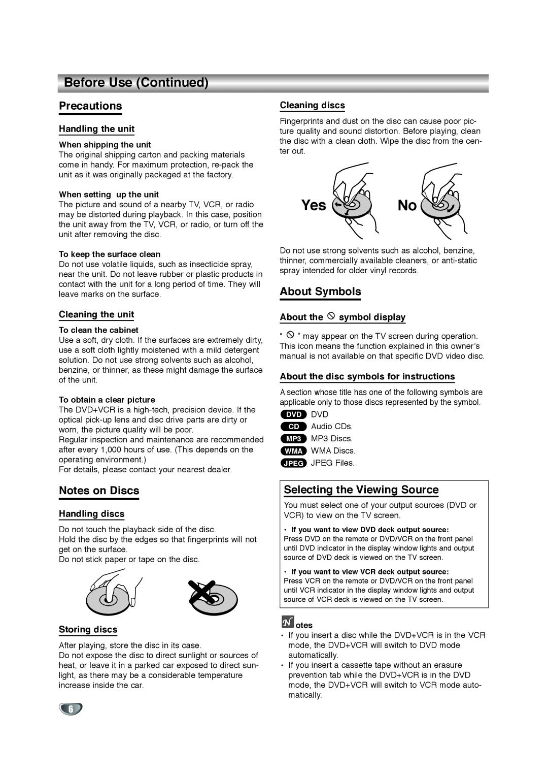 Zenith XBV342 warranty Precautions, About Symbols, Selecting the Viewing Source 