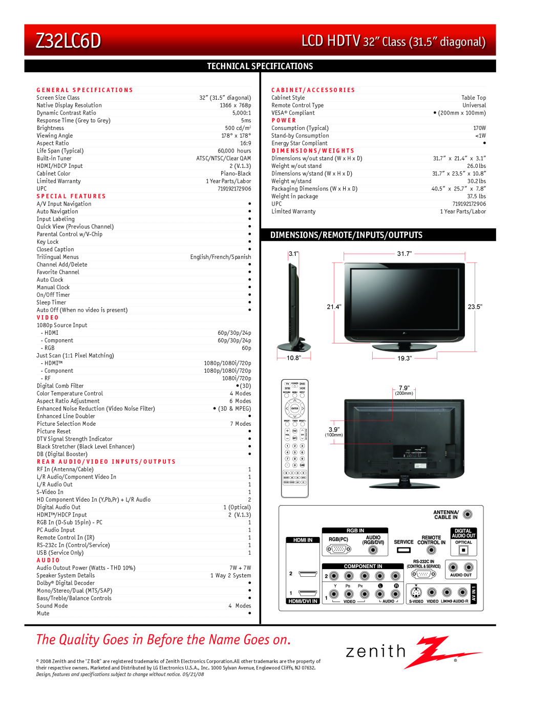 Zenith Z32LC6D Technical Specifications, The Quality Goes in Before the Name Goes on, LCD HDTV 32Ó Class 31.5Ó diagonal 