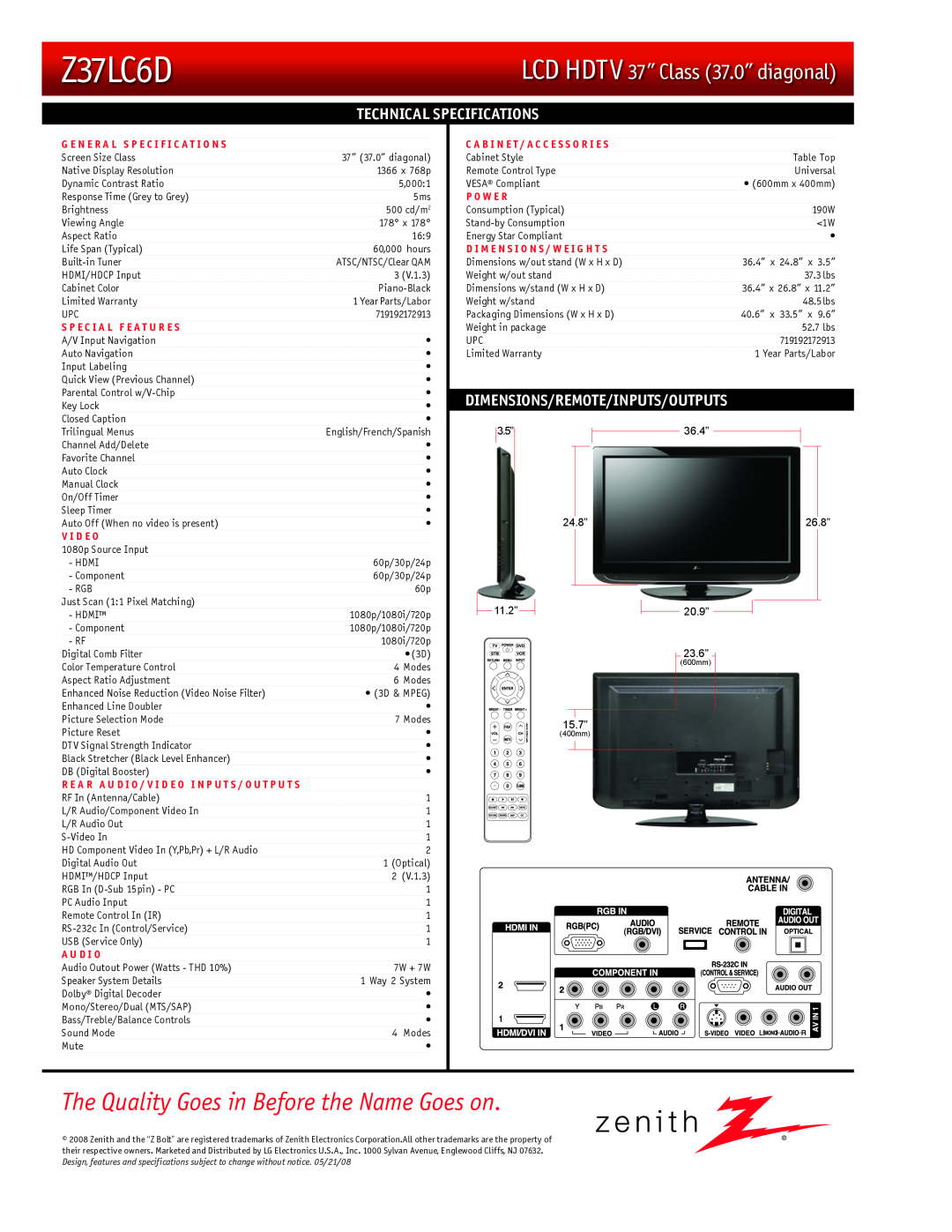Zenith Z37LC6D Technical Specifications, Dimensions/Remote/Inputs/Outputs, The Quality Goes in Before the Name Goes on 