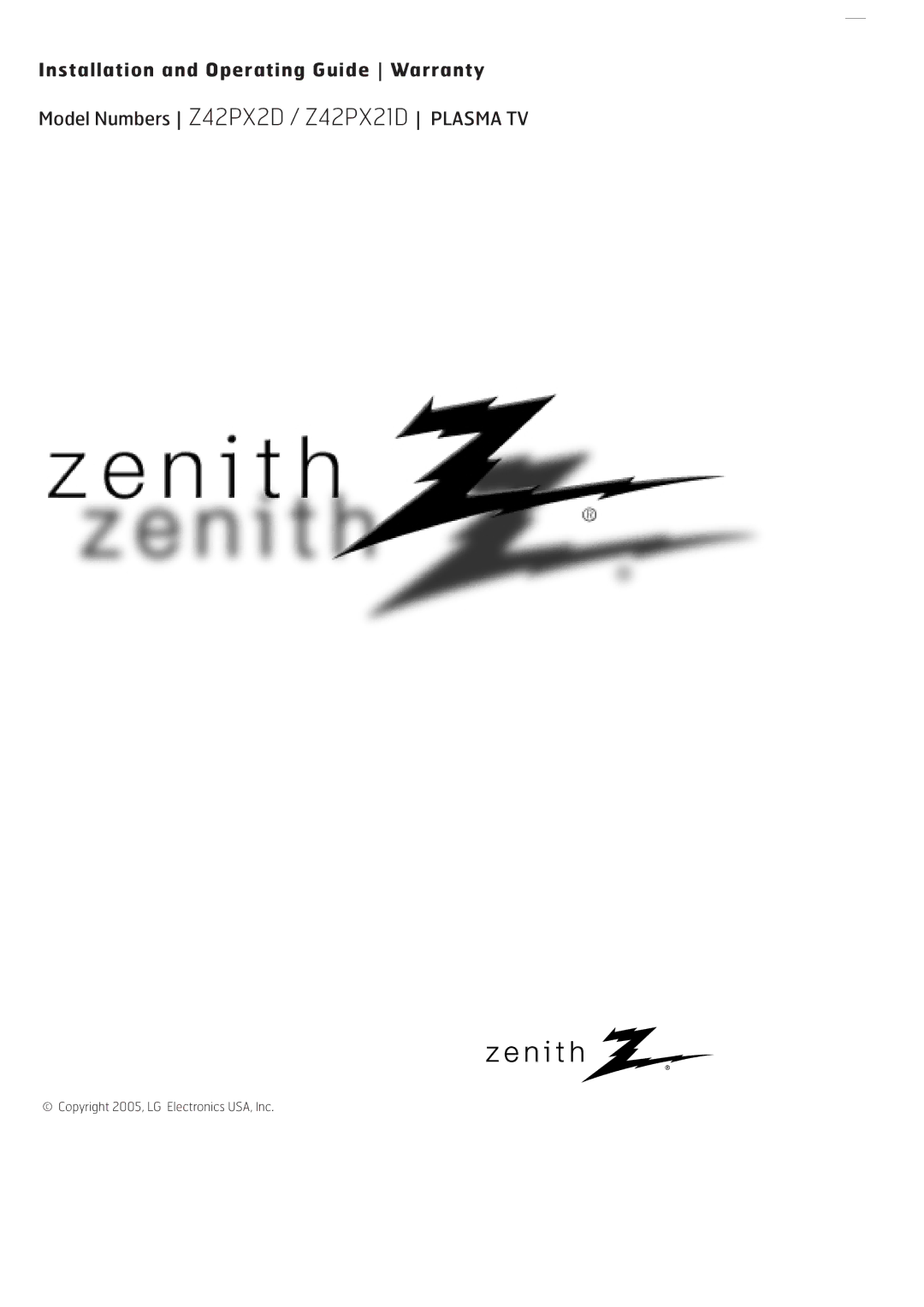 Zenith Z42PX21D, Z42PX2D warranty Installation and Operating Guide Warranty 