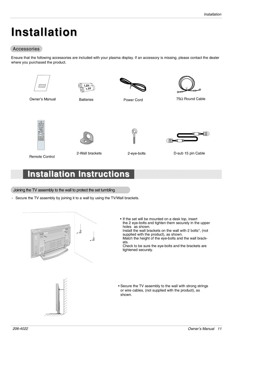 Zenith Z42PX21D, Z42PX2D warranty Installation Instructions 