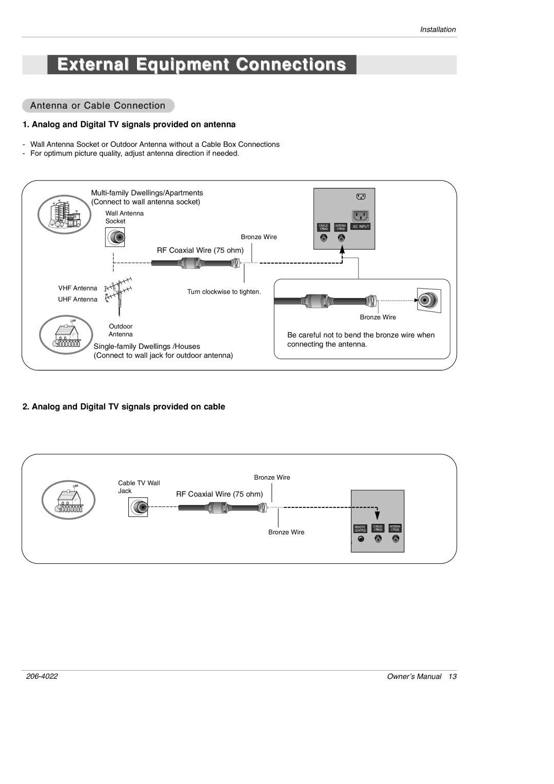 Zenith Z42PX21D, Z42PX2D warranty External Equipment Connections, Analog and Digital TV signals provided on antenna 