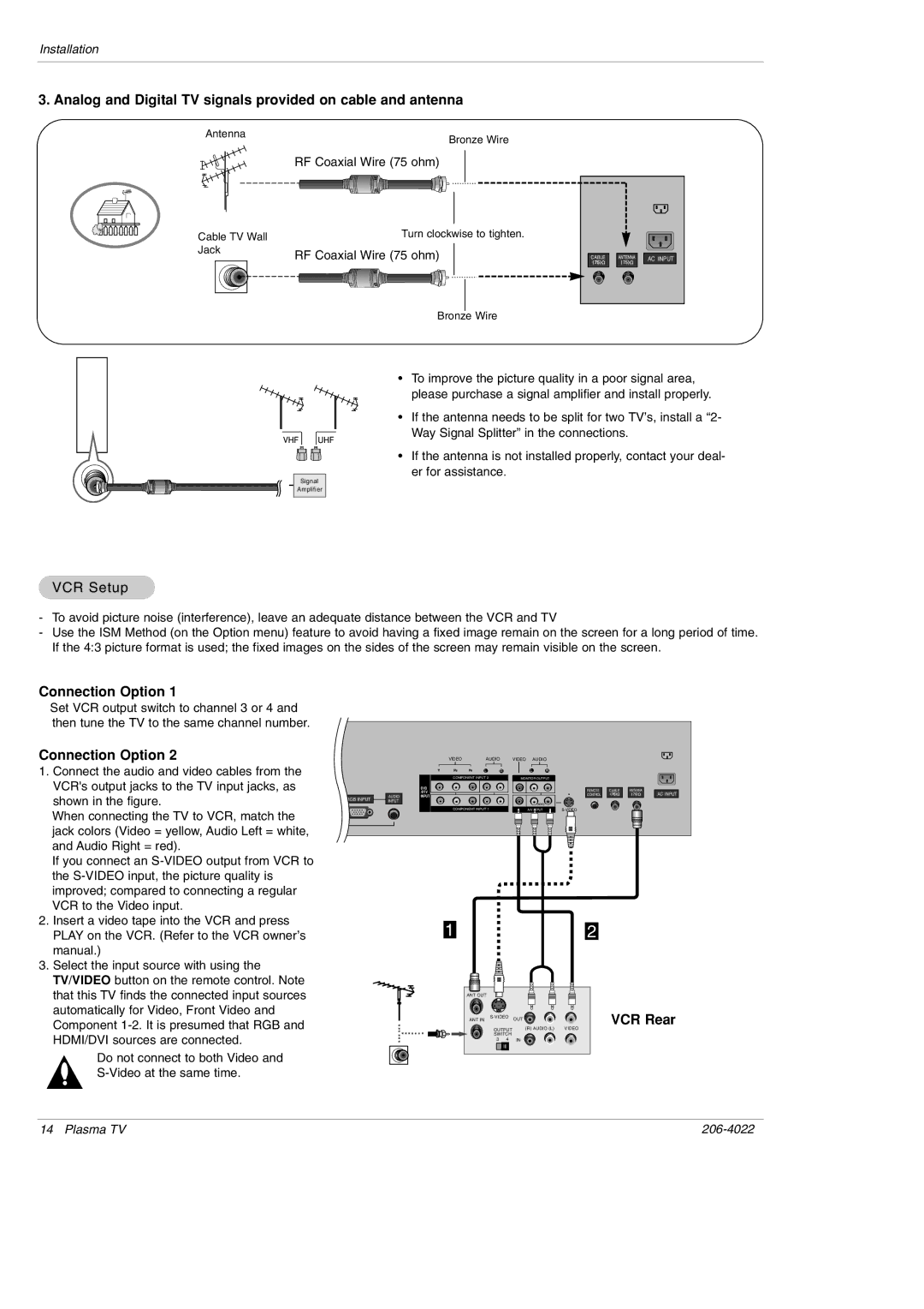 Zenith Z42PX2D, Z42PX21D warranty Analog and Digital TV signals provided on cable and antenna, VCR Setup, Connection Option 