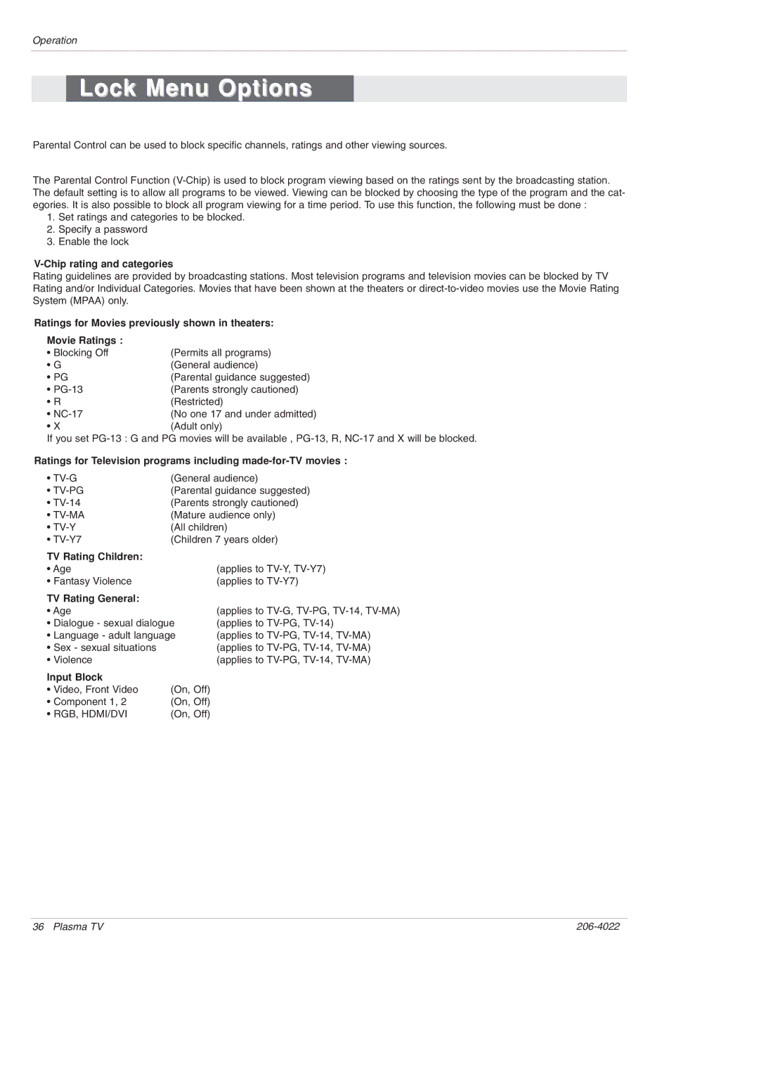 Zenith Z42PX2D, Z42PX21D Lock Menu Options, Chip rating and categories, TV Rating Children, TV Rating General, Input Block 