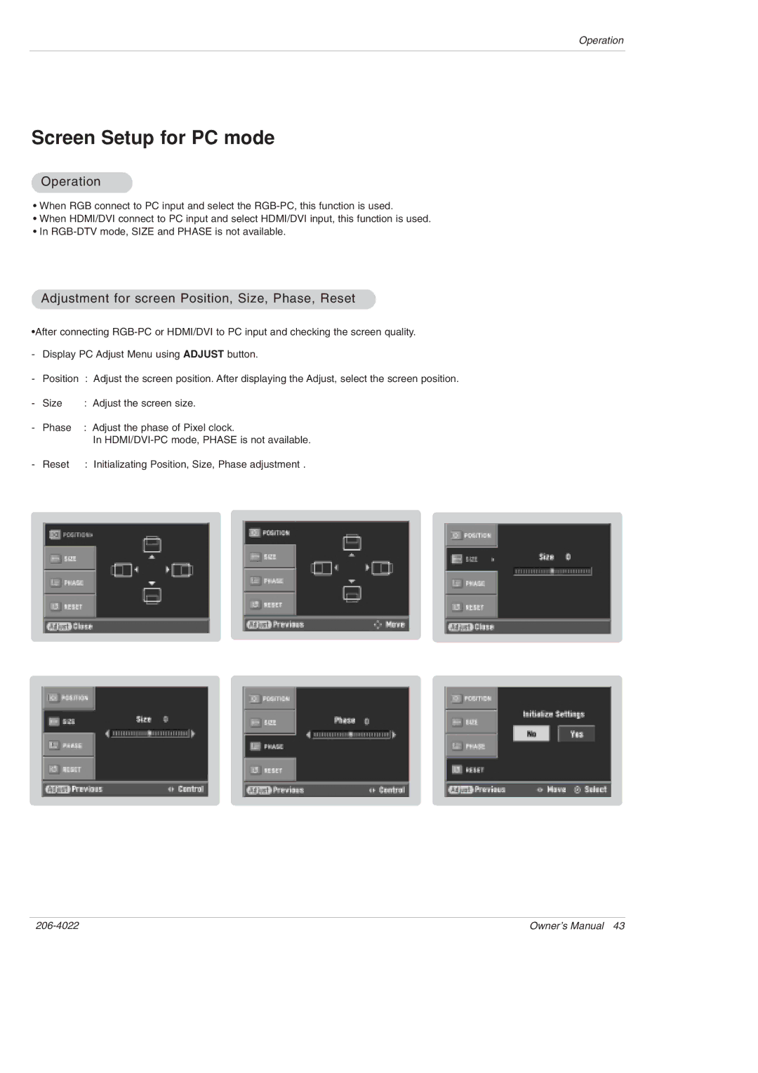 Zenith Z42PX21D, Z42PX2D warranty Screen Setup for PC mode 