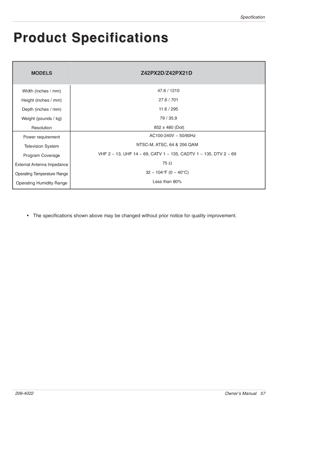 Zenith Z42PX21D, Z42PX2D warranty Product Specifications 