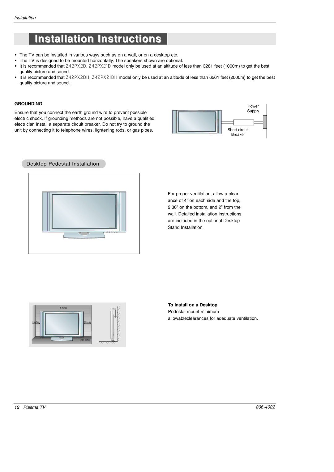 Zenith Z42PX2DH warranty Desktop Pedestal Installation, To Install on a Desktop 