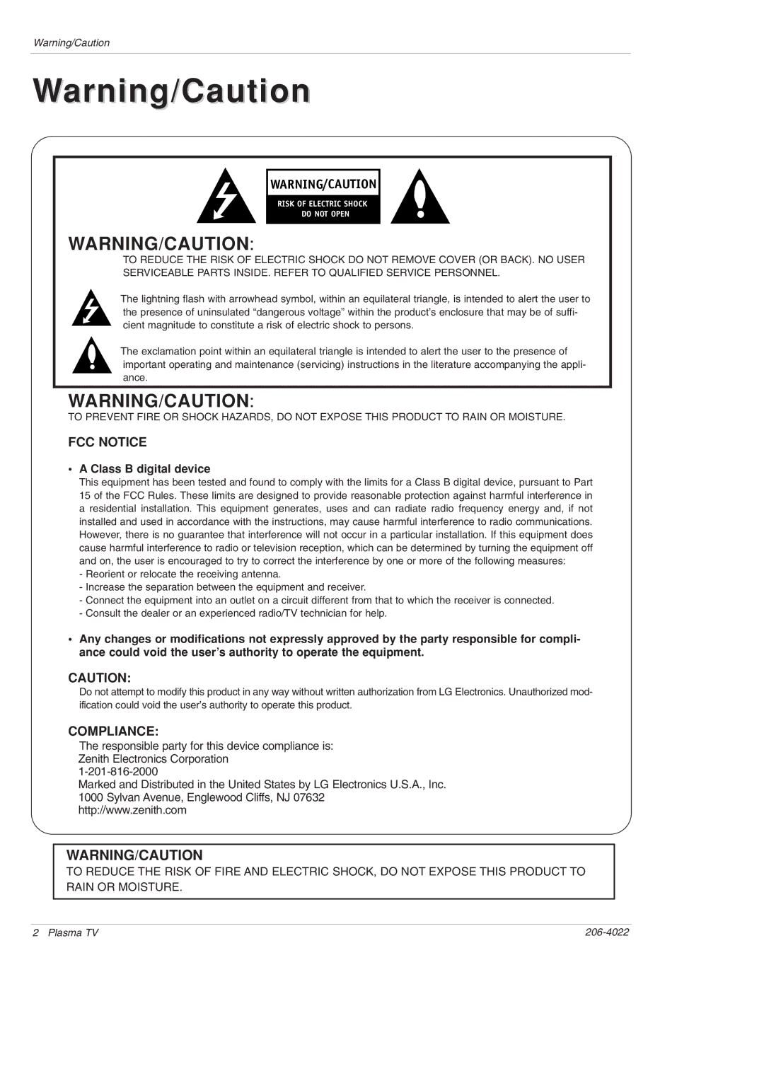 Zenith Z42PX2DH warranty FCC Notice, Class B digital device 