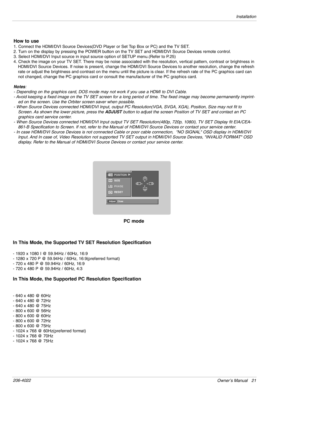 Zenith Z42PX2DH warranty This Mode, the Supported PC Resolution Specification 